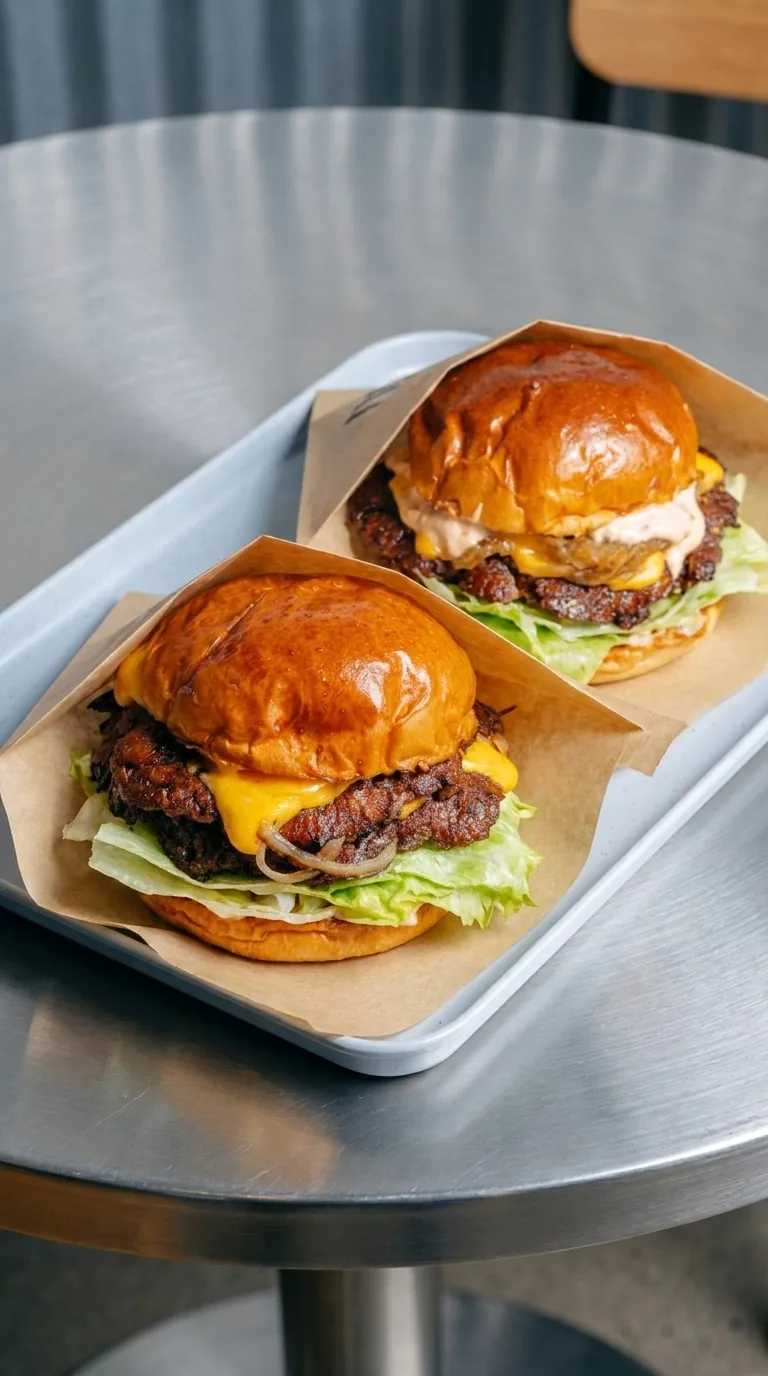 Two cheeseburgers on a tray on a steel table