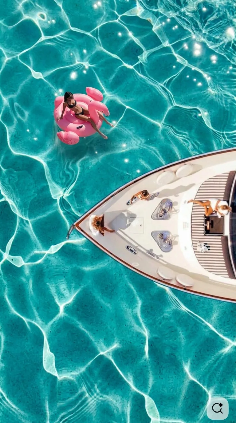 Aerial view of a woman on a pink flamingo float beside a yacht