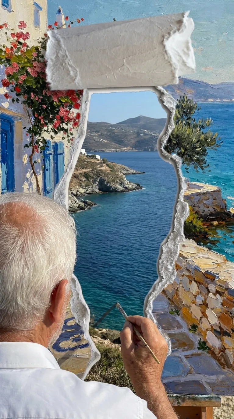 Painter at an easel with a torn-paper view of a Greek coastline