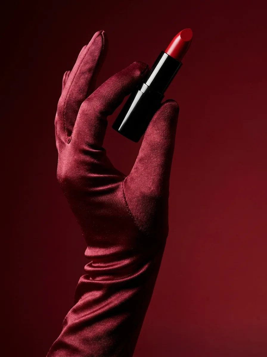Red lipstick held by a hand in a burgundy satin glove