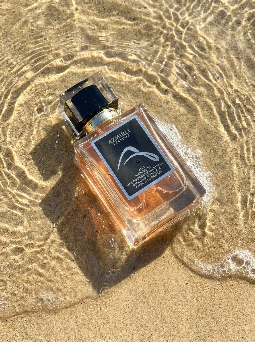 Perfume bottle lying in shallow water on the sand