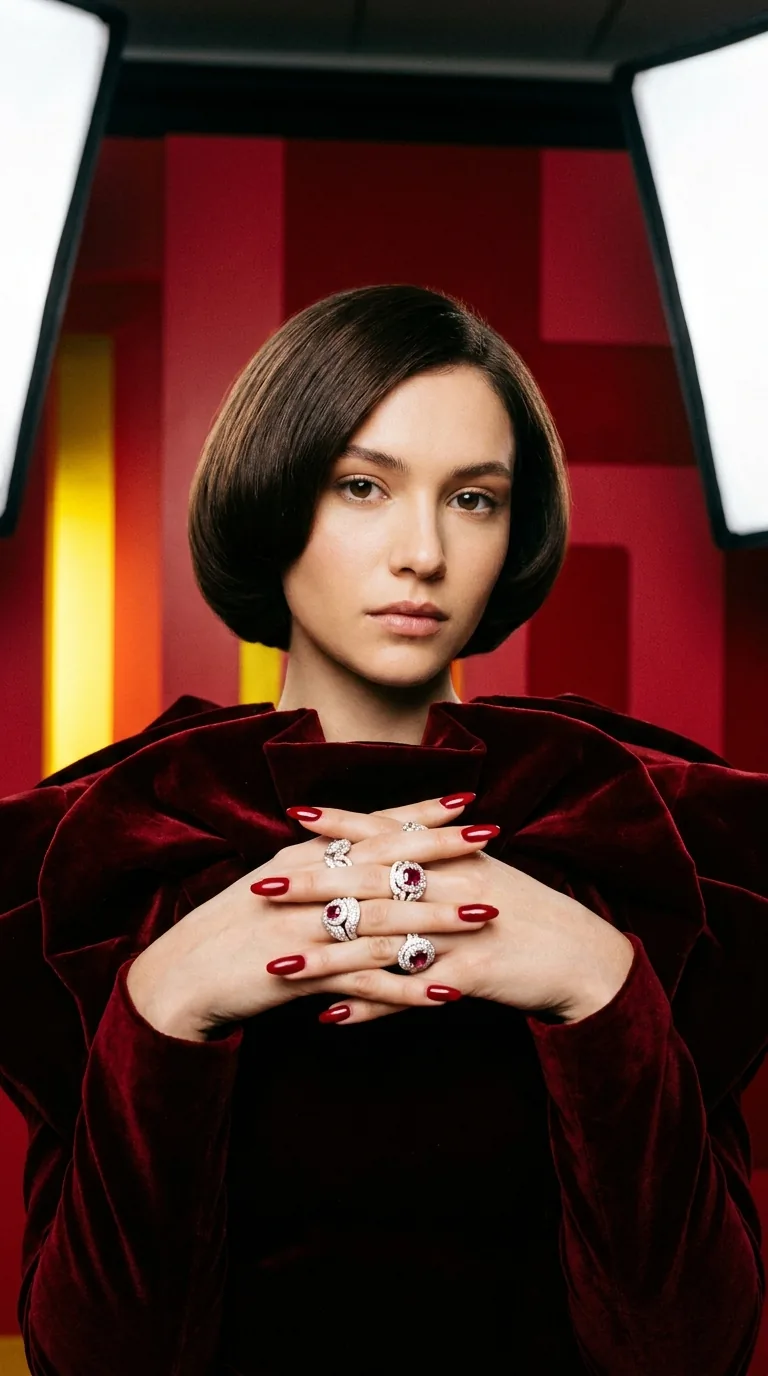 Portrait in red velvet with ruby rings