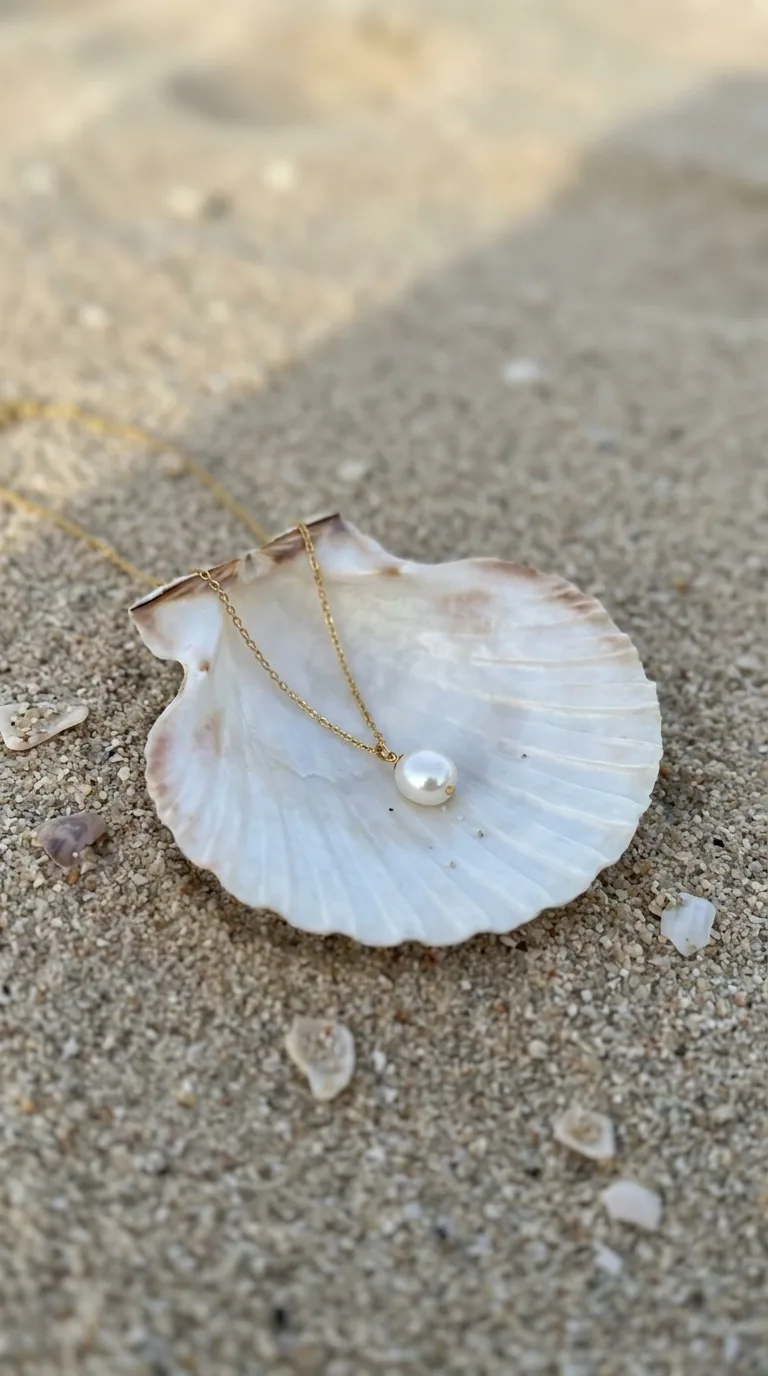 Pearl necklace on a scallop shell in the sand