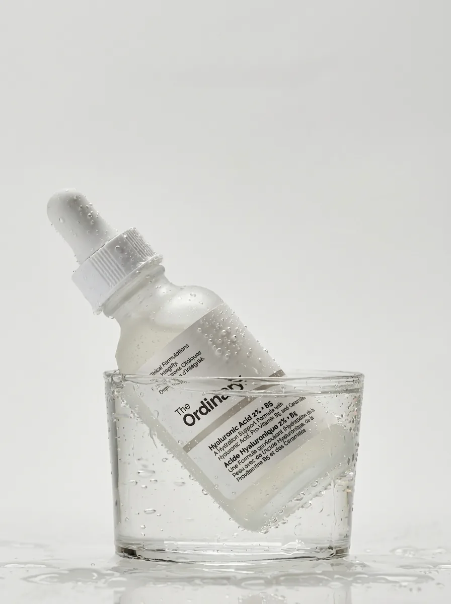 Serum bottle resting in a glass of water